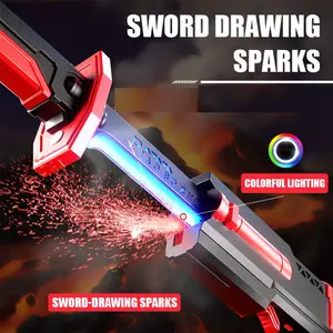 (No Flint)Sparkblade Sword with Sparks, Smoke, 7-Color LED Lighting Effects, Sound Effects, Replaceable Flint, Type-C Charging, 31.5in Light Up Sword spark  light  saber light effect Rechargeable Battery