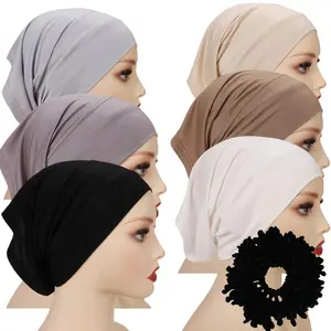 7pcs Set Women'S Wide Brim Muslim Hijab Bonnets, Polyester Knit Turban Caps with 1 Large Scrunchie, Elastic, Moisture-Wicking, Fitted, with Viscose for All Seasons, Religious Headwear for Ramadan