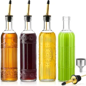 4-Piece Olive Oil Bottle Set, 17 Oz Transparent Glass Vinegar Bottles, Classic Coffee Syrup Bottles with 4 Stainless Steel Nozzles