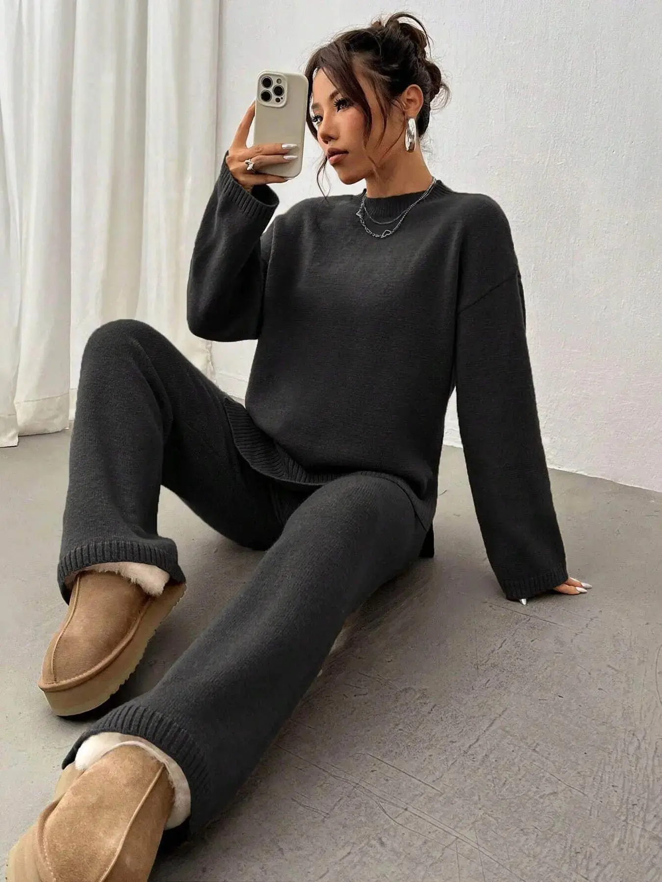 Women's Casual Fashion Sweater Set, Round Neck Long Sleeve Knit Top & Wide Leg Pants, Fall Winter, 2 Piece Set