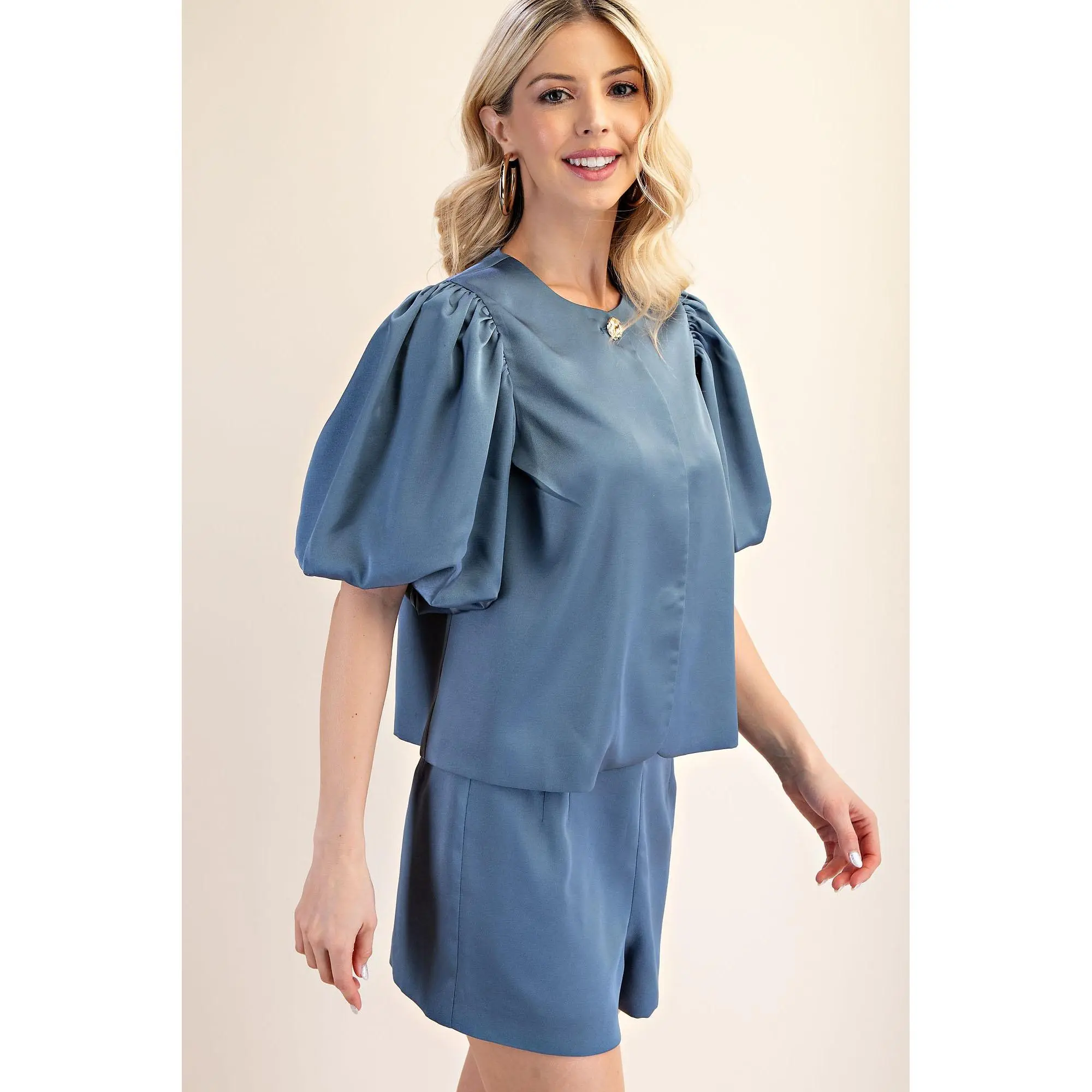 GM - Balloon Sleeve Blouse Top 7582 - Blue