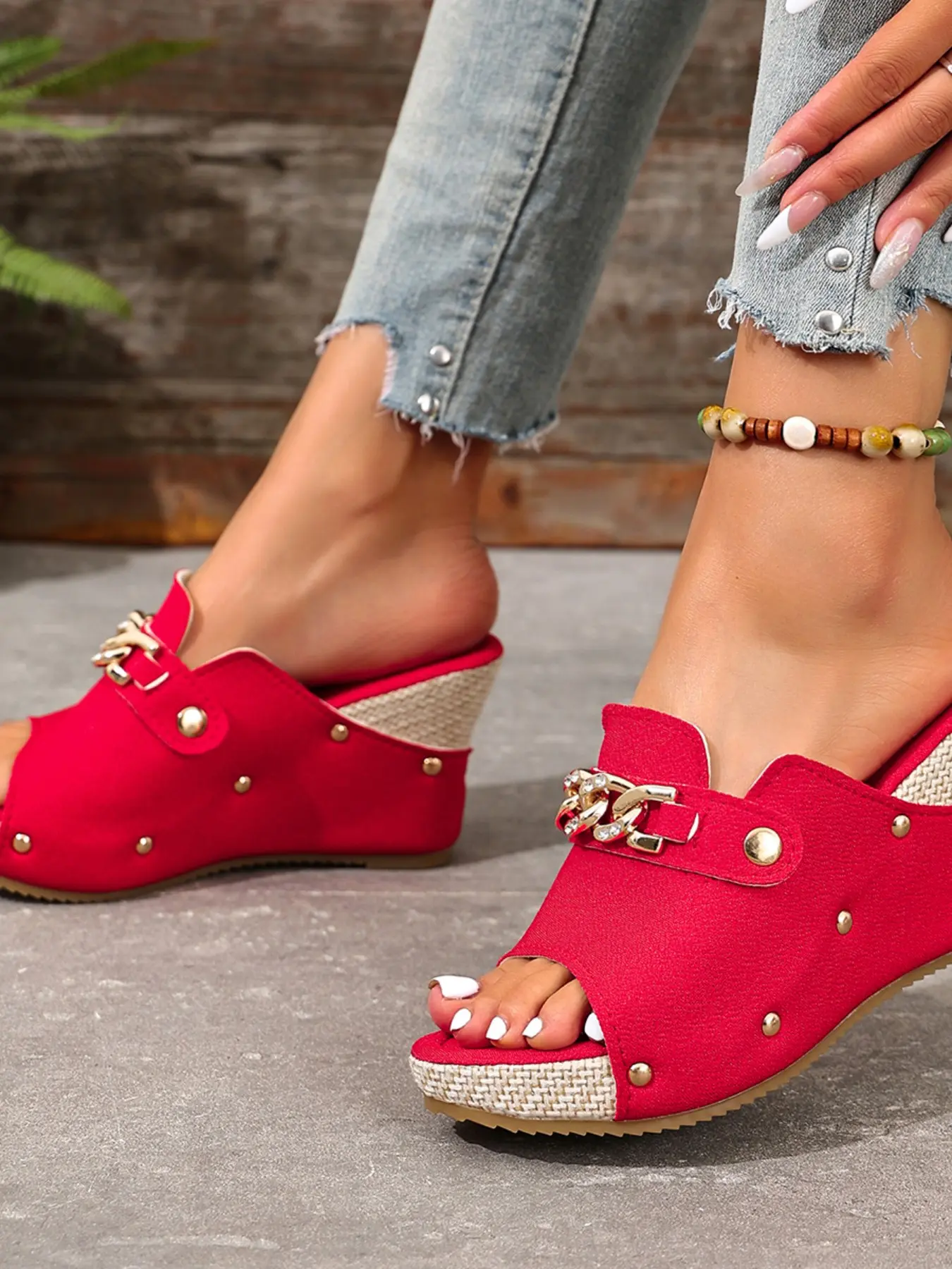 2026 Summer New Heeled Glitter Dress Sandals, Luxury Rhinestone Chain Decor, Retro Rivet Details, High Heel Grass Mat Bottom, Comfortable & Stylish, Women