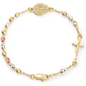14K Gold Plated Catholic Rosary Bracelet for Women, Virgin Mary Jesus Cross Charm with CZ Beads, Adjustable Chain Bracelet