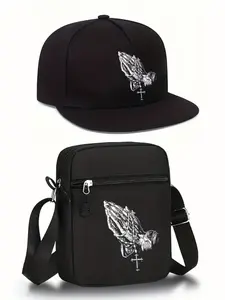 Hiphop Gesture Print Unisex Flat Brim Baseball Cap and Crossbody Bag Set, Street Fashion Outdoor Sports Hat and Shoulder Bag, Adjustable