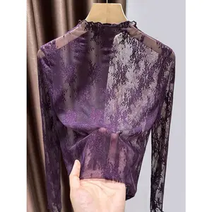 Women's Lace Long Sleeve Top, Half High Neck Design, Elegant Mesh Fabric, Perfect for Fall & Winter Layering, Stylish Women's Clothing