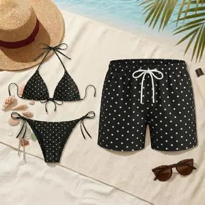 Unisex 2-Piece Polka Dot Couple Matching Swimwear Set - Polyester Bathing Suit, Cheeky Cut Black String Bikini, Men’s Side Pocket Shorts, Adjustable Tie, Moisture-Wicking Beach Outfit for Summer Vacation, Father’s Day Gift Idea