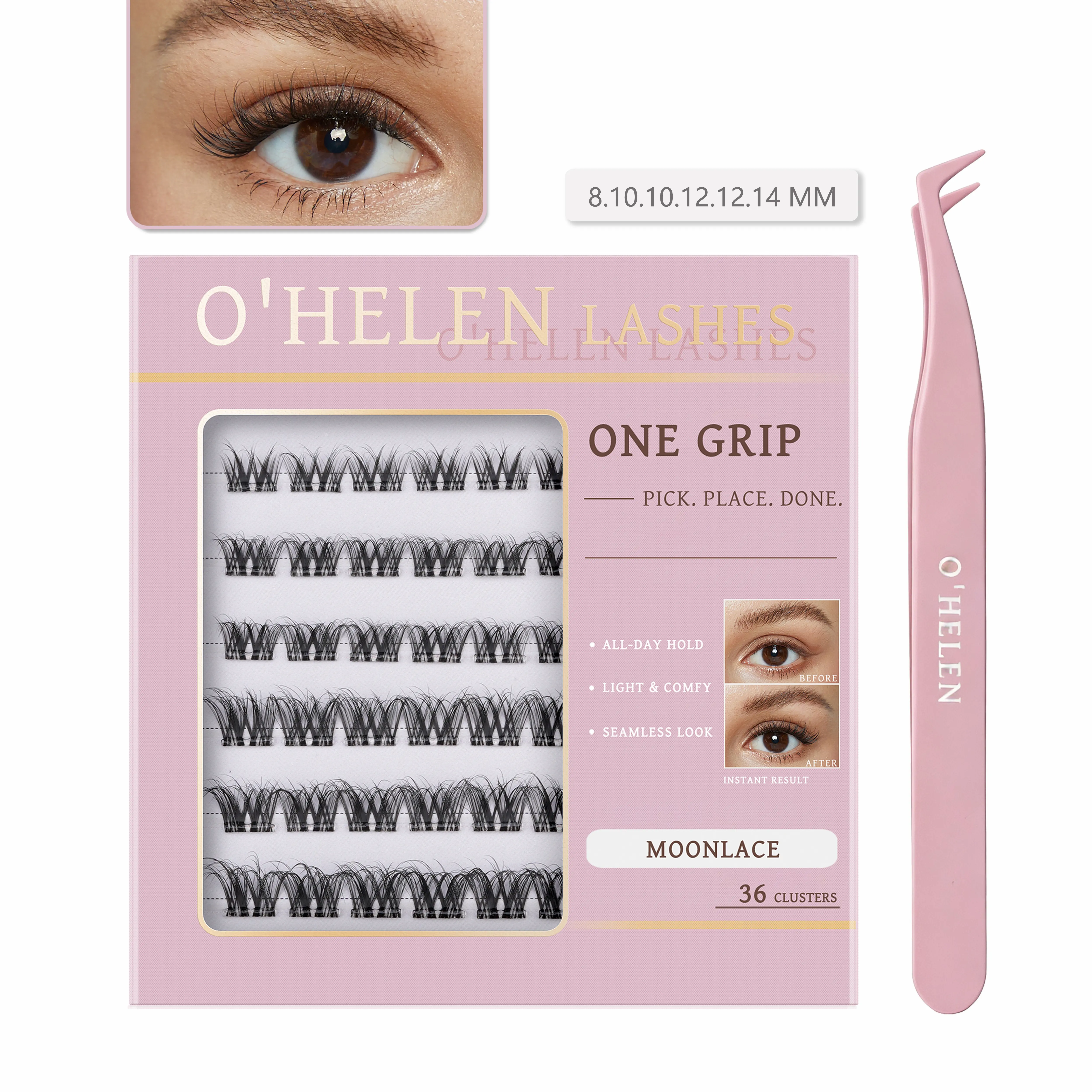Moonlace 1-Grip Pre-Glued Cluster Lashes, Airy Multi-Curl 3D DIY Eyelash Clusters with Lash Tweezer, No Glue Needed