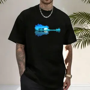 Men’s guitar lake reflection graphic T-shirt, soft cotton blend, perfect for music lovers, nature enthusiasts, casual streetwear, and everyday artistic outfits.