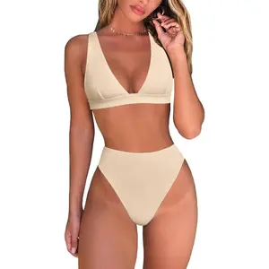 Womens High Waisted Thong Bikini Sets Sexy Brazilian Triangle Top Deep V Neck Two Piece Swimsuit Bathing Suits beige