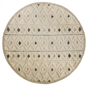 360 stand 4 ft. Round Cream & Blue Diamond Stripes Area Rug - Round Shape, Soft Pile, Tufted Weave, Wool Fiber, Indoor Use