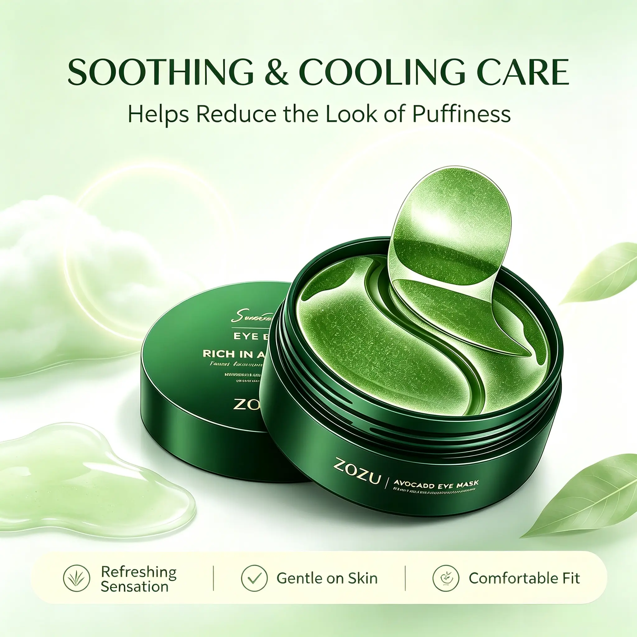 ZOZU Avocado Eye Patches, 60 PCS, Hydrating Eye Mask Pads for Sensitive Skin, Moisturizing & Soothing Under‑Eye Skin Care