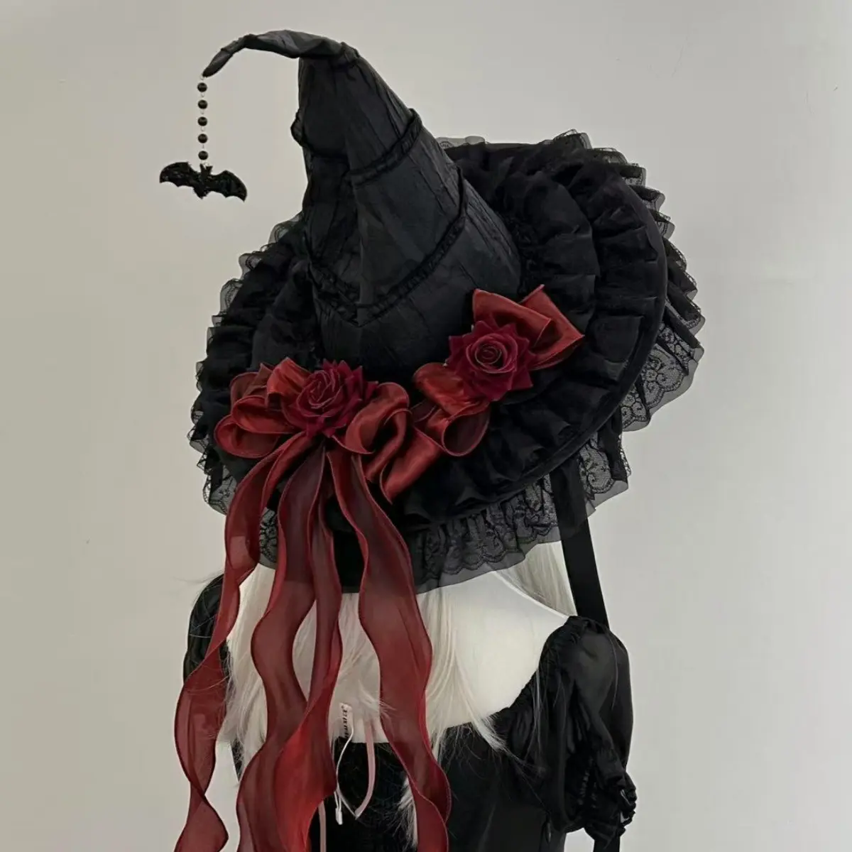 Gothic Lolita Witch Hat with Devil Horns Halloween Cosplay Dark Elegant Headpiece Party Supplies Twilight Masquerade Flower Design