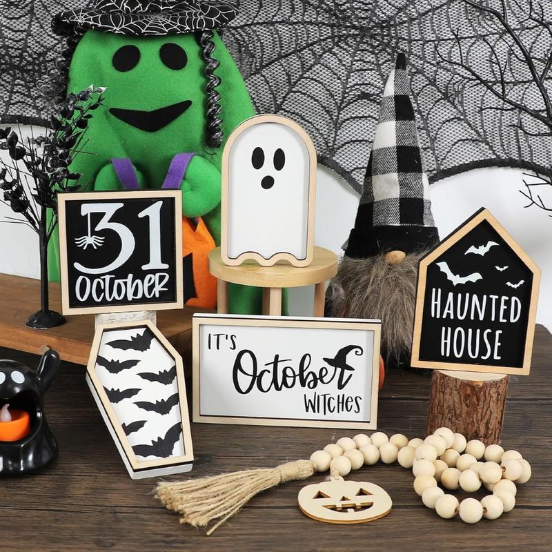6-pcs Halloween layered tray decoration, including bat coffin, haunted house, ghost, witch, October 31st logo, bead wreath, table frame Halloween centerpiece