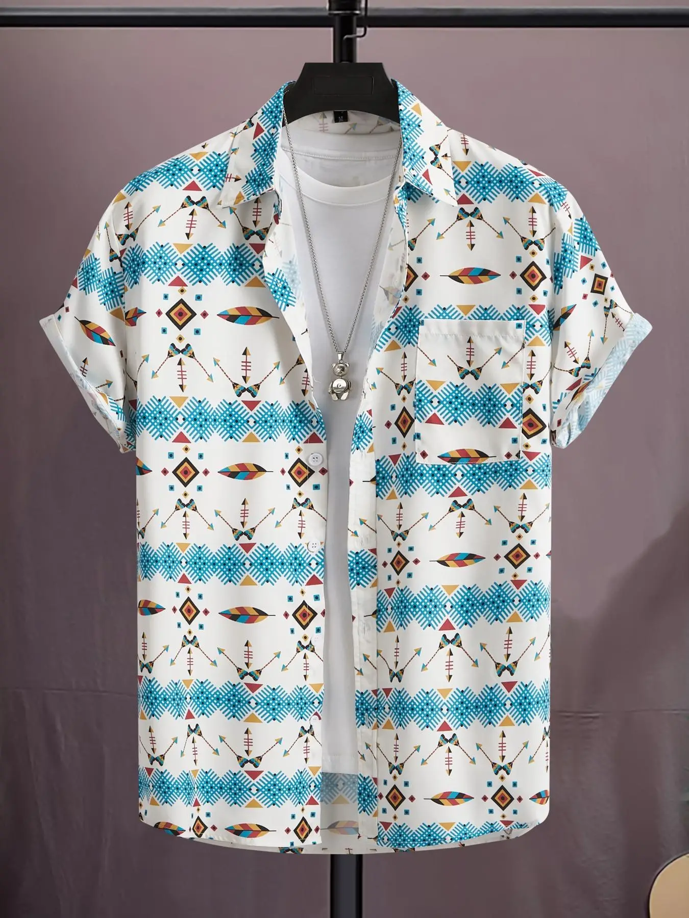 Men's Ethnic Pattern Button Front Pocket Shirt, Regular Fit Short Sleeve Collared Top, Men's Summer Clothes for Beach Vacation Holiday