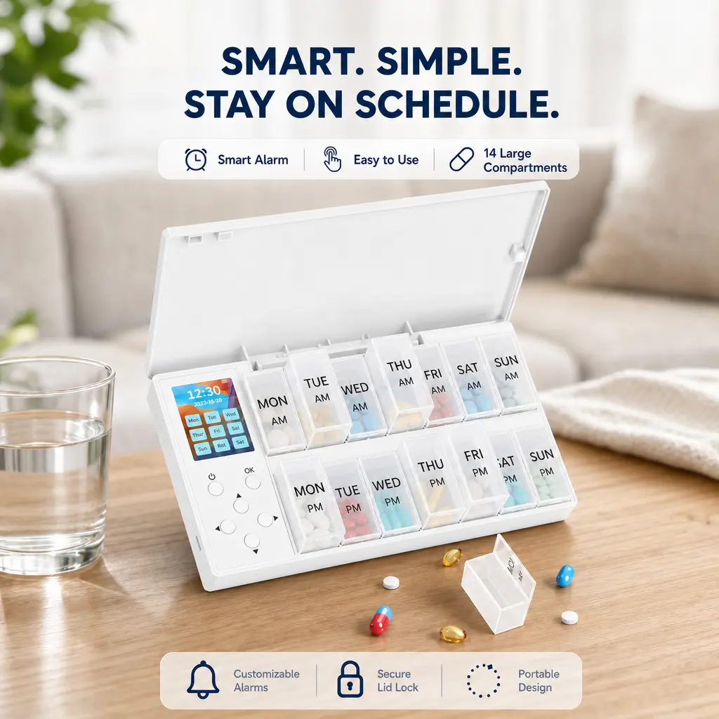 Smart Pill Organizer, Twice-Daily Doses, Morning And Evening, 7-Day Supply, Weekly Pill Organiser With Alarm Reminders, Smart Medication Timing Settings, Suitable For Medicines, Vitamins And Fish Oil – Meaningful Gift for Aging Parents & Grandparents