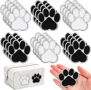 24 count Self Adhesive Paw Print Patch Chenille   Paw Print Iron on Patches Embroidery Sticker Patches for Clothing Backpacks Jeans Hats  Party(White, Black with  Edge)