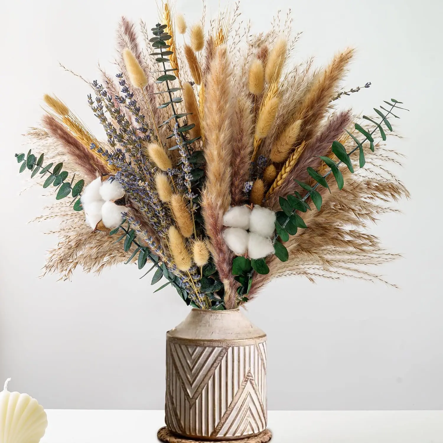 Handmade Dried Flower Bouquet - Pampas Grass, Eucalyptus & Cotton Stems - Boho Home Decor, Wedding Centerpiece, Floral Arrangements & Vase Fillers