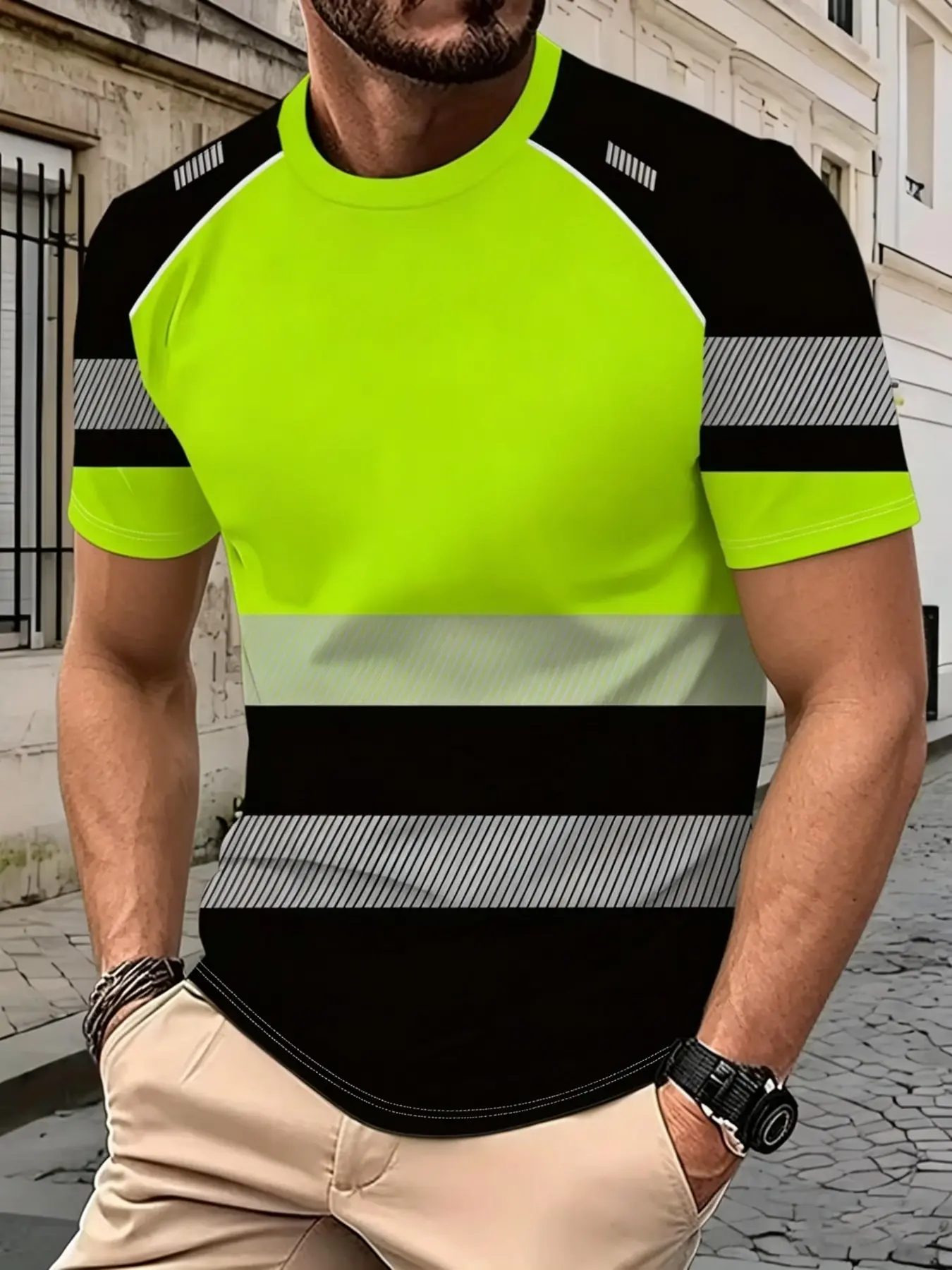 Fluorescent Long Sleeve Top, Striped Patchwork Design, Slim-Fitting Casual Style, Eye-Catching Daily Wear for Men, Aesthetic Fashion
