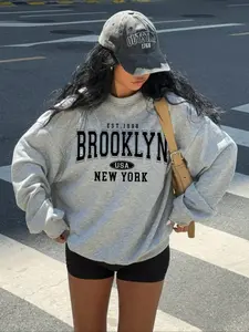 Women's Brooklyn Usa Letter Print Pullover Sweatshirt, Womenswear Casual Loose Fit Round Neck Jumper, Fall & Winter Thick Knit Fabric