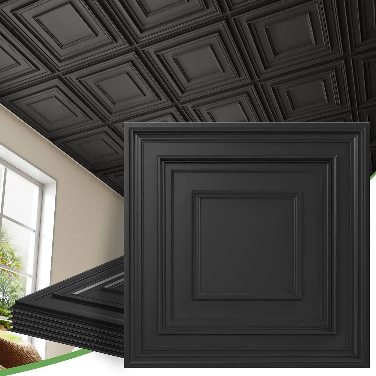 LOOYEE 24 PCS Premium Material 2x2Ft Black PVC 3D Decorative Drop Ceiling Tiles 96 Sq.Ft Interior Home Improvement Building Supplies