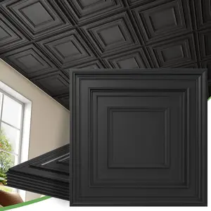 LooYee 24 PCS 24 X 24 Inch Black Drop Ceiling Tiles, 2Ft X 2Ft PVC 3D Decorative Ceiling Panels, Waterproof Washable Plastic Ideal for Living Room Garage Basement Bedroom Cover 96 Sq.Ft