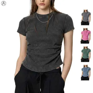 Arssm Women’s Cropped T-Shirt – Acid Wash Ribbed Ruched Fitted Y2K Crop Top for Summer Streetwear & Going Out Outfits