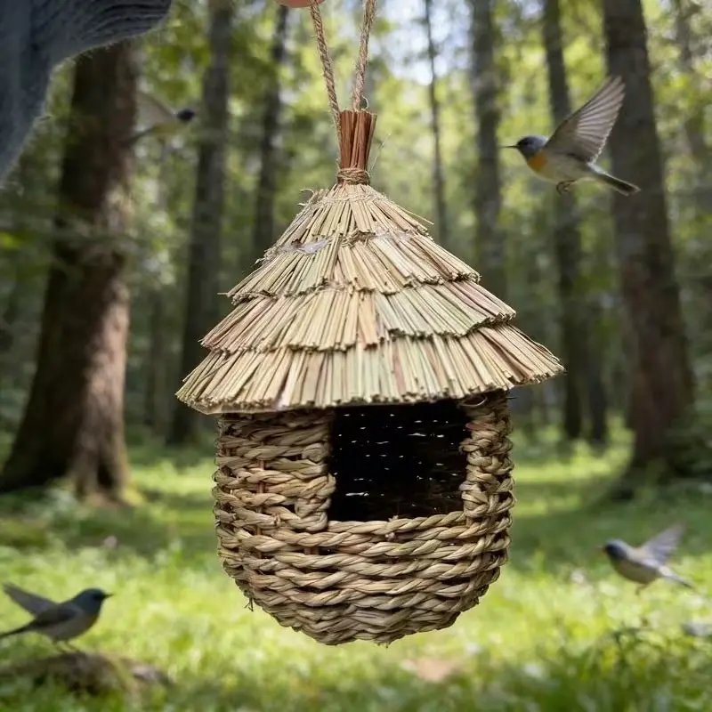 A charming decorative birdhouse, a hand-woven bird's nest house, a natural grass hanging bird home, Outdoor Bird House, Bird Houses For Outside, suitable for gardens, courtyards, lawns, and pet bird nests.