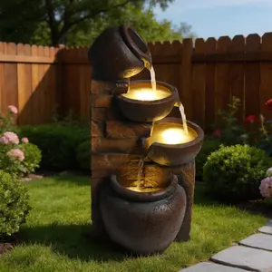 Outdoor Water Fountain with Lights 4 Tier Cascading Pot Waterfall Resin Garden Fountain for Patio Yard Porch Landscape summerwins