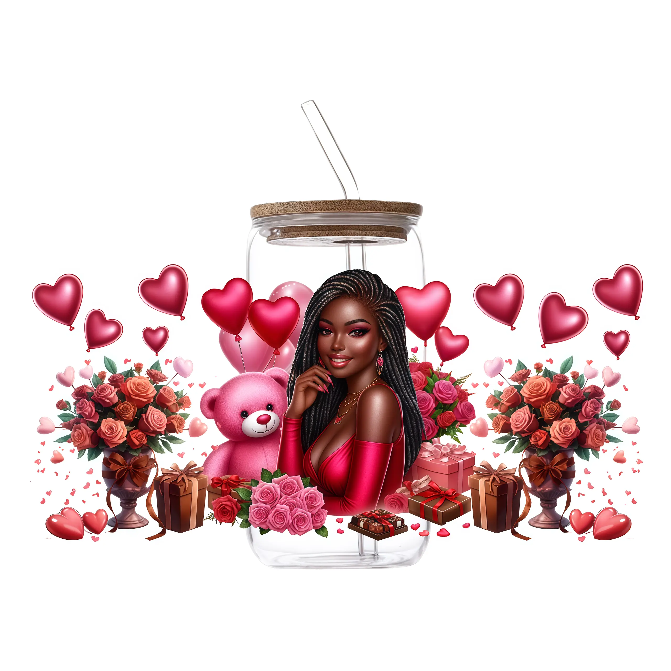 5Pcs Black Woman Valentine UV DTF Cup Transfers, Red Heart Rose Teddy Bear Cup Wrap Stickers, Waterproof Cold Apply UV Transfer For Glass Tumbler