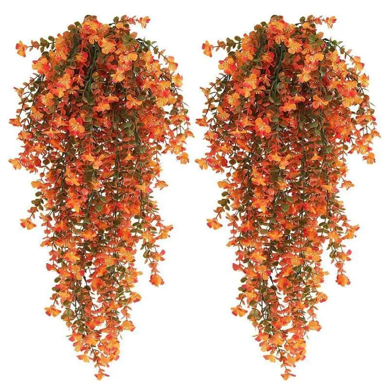 Artificial Hanging Flowers, Fake Plants Outdoor, Decorative Silk Morning Glory Faux Flowers with Eucalyptus Leaves, UV Resistant Realistic Hanging Plants for Home Garden Decor, Tropical Fake Plants