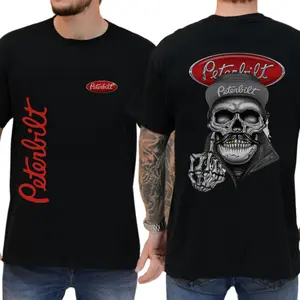 Peterbilt Rebel Trucker Shirt, Soft Ring-Spun Cotton, Unique Moustache Skull Prints for Trucking Enthusiasts & Rebel Style, Breathable Sport Top