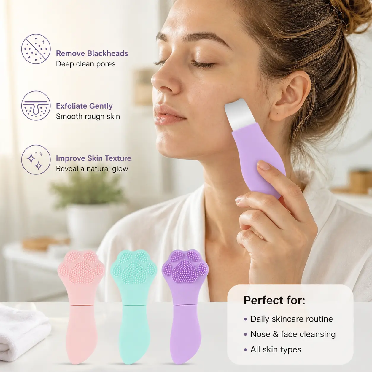 1 Count, Silicone Double Head Facial Cleansing Tool, Paw Shaped Soft Bristle, for Facial Pore Cleansing and Daily Skin Care