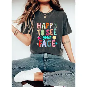 Happy To See Your Face Teacher Shirt Hand Drawn Colorful Doodle Stars Messy Glitter Teacher T-shirt Appreciation Gift Tee Print is shri Crew Neck T-Shirt cotton graphic 100th day of school Funny Christmas Tree Graphic T-Shirt floral womens sports