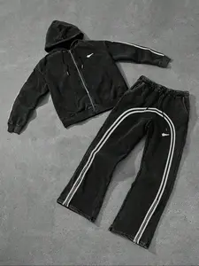 Men's Letter Print Zip Up Hoodie & Pants Loungewear Activewear, Casual Comfy Long Sleeve Hooded Top & Trousers PJ Set, Men's Sleepwear for Fall & Winter, Sportswear