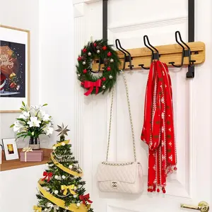 Bamboo Over-The-Door Hanger, 4 Adjustable Hooks, Heavy Duty, Towel and Coat Rack, No Drilling Required
