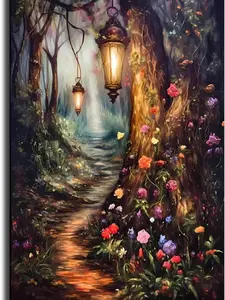 Enchanted Forest With Flowers And Magical Lights - Fantasy Poster Print Painting Wall Art For Living Room Bedroom Office Decor