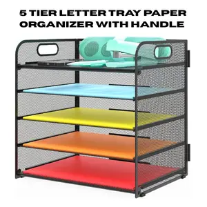 5 Tier Letter Tray Paper Organizer with Handle – Metal Desk File Organizer, Stackable Document Holder for Office, Classroom & Home Storage & Organization
