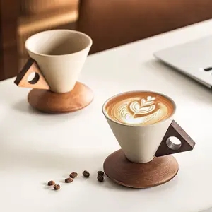 Wabisabi Conical 8.45 oz/245 ml Coffee Cup, Ceramic & Acacia Wooden Material, Aesthetic Triangular Unique Elegant Modern Design for Home & Office, Beverage Drinkware with Handle Porcelain Mug for Coffee & Tea