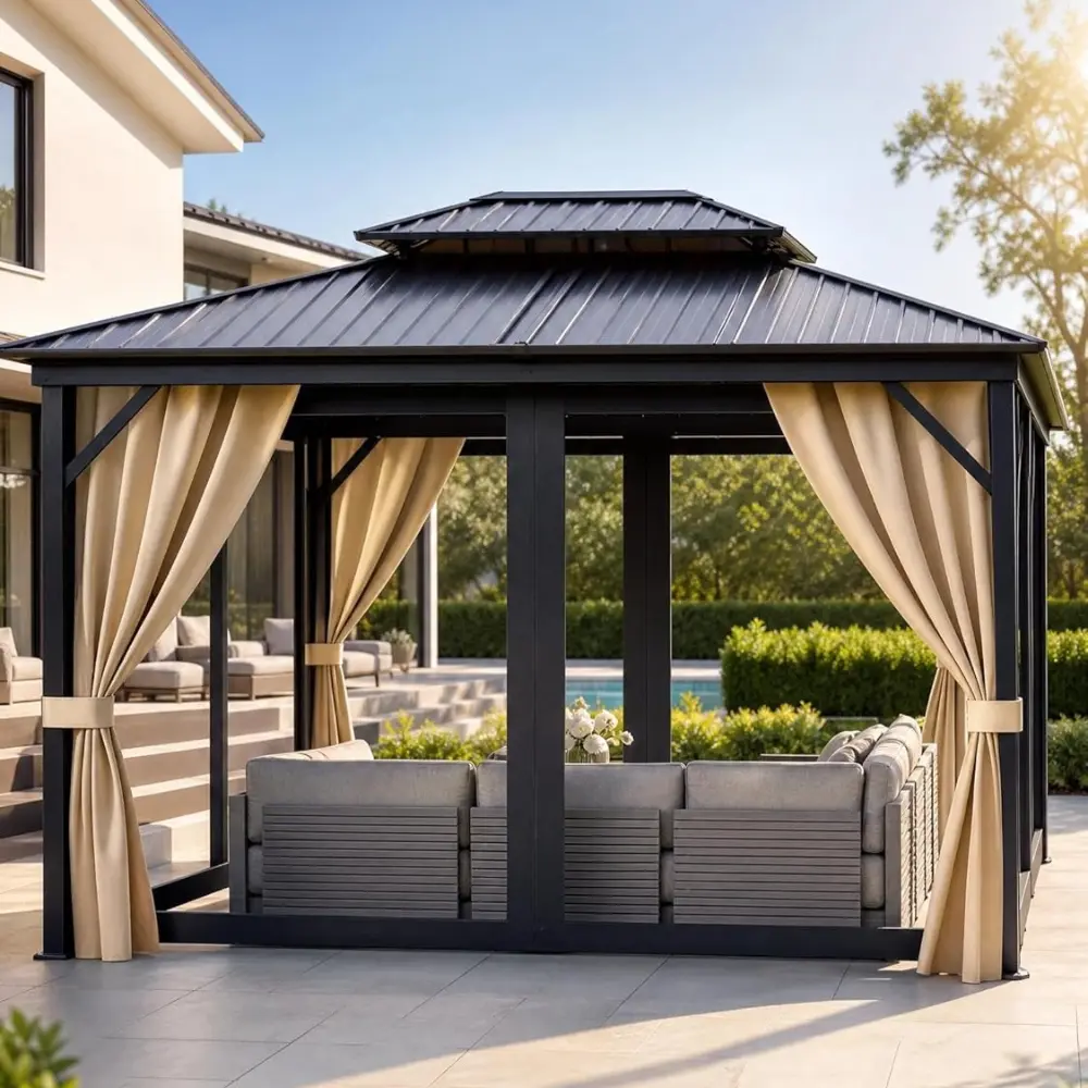 Hardtop Gazebo 10 ft x14 ft for All Weather, with Double Metal Roof, Aluminum Alloy Frame, Net, and Curtain, Permanent Building for Patio, Deck, Backyard, Lawn, and Garden