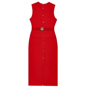 Soiree Elegant Red Sleeveless Button-Down Midi Dress with Belt