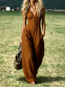 Chic V-Neck Button Down Jumpsuit - Sleeveless Wide Leg Romper, Breathable Summer Casual Outfit, Perfect for Vacation,or Daily Wear, Comfortable Loose Fit, Effortless Sophisticated Style, Trendy Minimalist Fashion Essential for Modern Women, High Quality