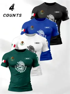 Men's Multi-Pack Premium Polyester Round Neck T-Shirt Set, Mexican Theme Letter Flag Design, Comfortable Short Sleeve Casual Wear
