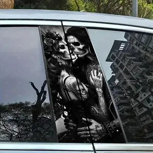 2pc Skull Couple Car B-Pillar Sticker, Vinyl Decal, Decal For Cars, Easy Peel & Stick, Sunproof Waterproof Scratch-Resistant, Car Decoration