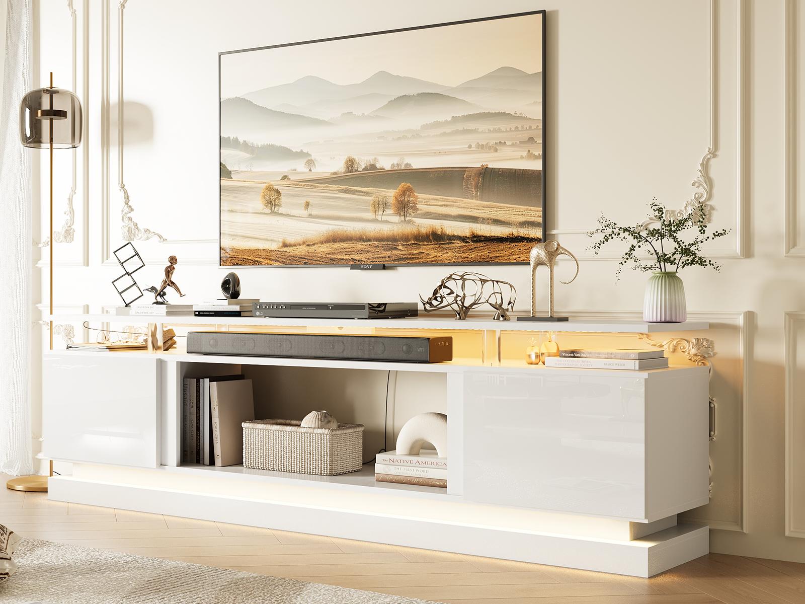 【TV STAND ONLY】oneinmil 70 Inch White TV Stand, Modern Entertainment Center with Storage, Media Console for Living Room&Bedroom circle dinner table coffee  rectangular wooden cookie  lounge sofa side couch pantry cabinet Bathroom Adjustable Tall square