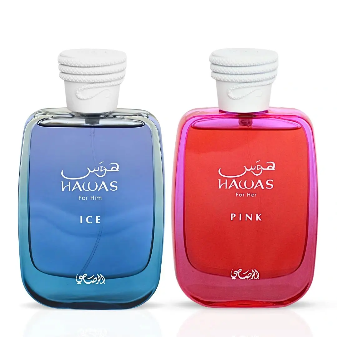 Hawas Ice For Him & Hawas Pink For Her Eau de Parfum Sprays 100ml (3.4 oz) by Rasasi | Cool Freshness Meets Playful Sweetness (Bundle)