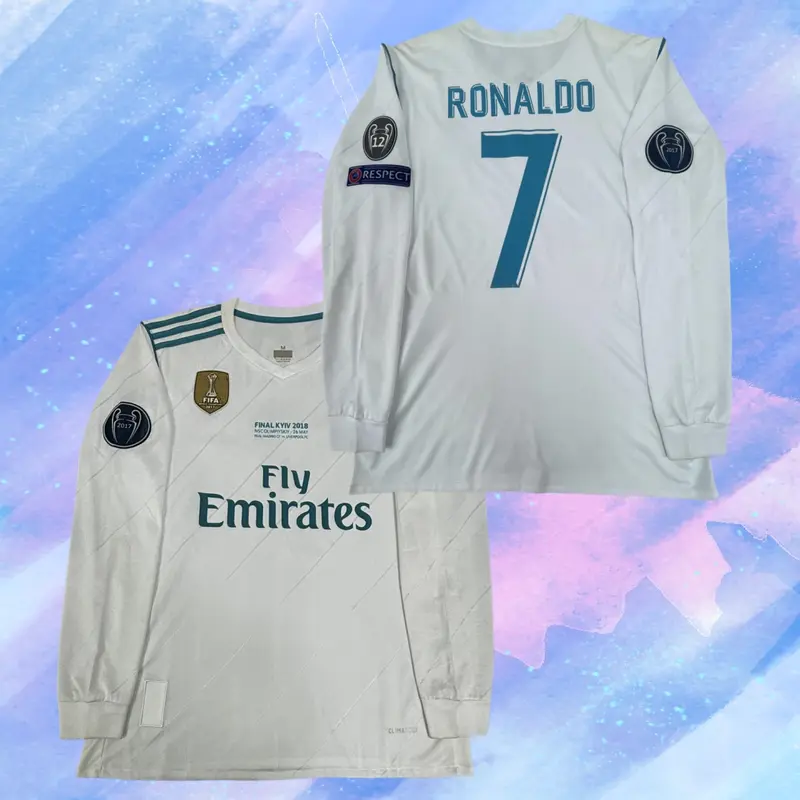 17 18 Home White 7# Cristiano Ronaldo Long Sleeve Soccer Jersey Fans Version
