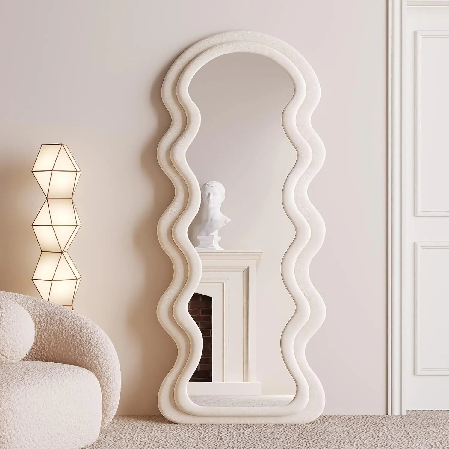 OMNIRA Full Length Mirror 63"x24", Irregular Wavy Arched Floor Mirror, Flannel Wrapped Wooden Frame Floor Mirror for Bedroom, Standing Hanging or Leaning Wall Mirror - White