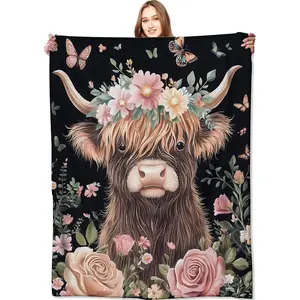 Highland Cow Floral Throw Ultra Thin Soft Material All Season Comfort Perfect For Couch Bed Car Home Camping Use Lightweight Machine Washable Durable Fabric Animal Flower Lover Essential