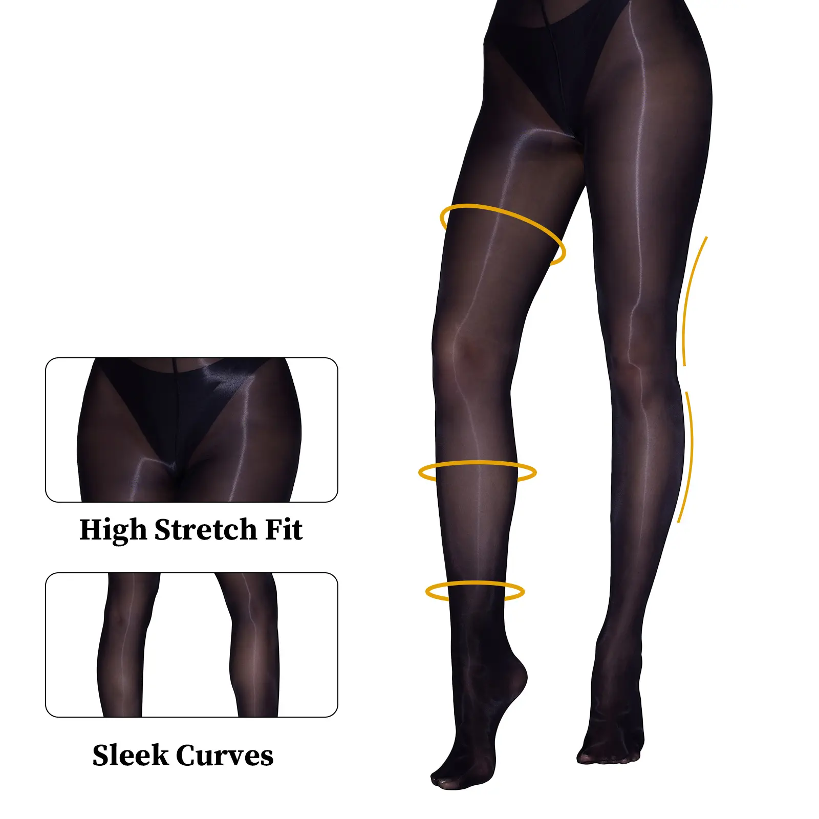 Women's 2-Pack Glossy Sheer Tights - High Shine Black Pantyhose, Silky Oil Finish Stockings, Spandex-Nylon Fabric, Stretchy Comfort Fit S/M & L/XL, Fashionable Slimming Elegant Style for Date Night, Stylish Events