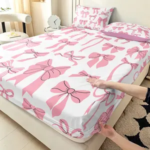 3Pcs Cute Pink Bow Fitted Sheet Set, 1 Fitted Sheet + 2 Pillowcases, HD Printed 27cm Deep Pocket No-Slip Bed Sheet, No Filling